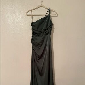 A0 Azazie Eucalyptus Mermaid One Shoulder Stretch Satin Dress